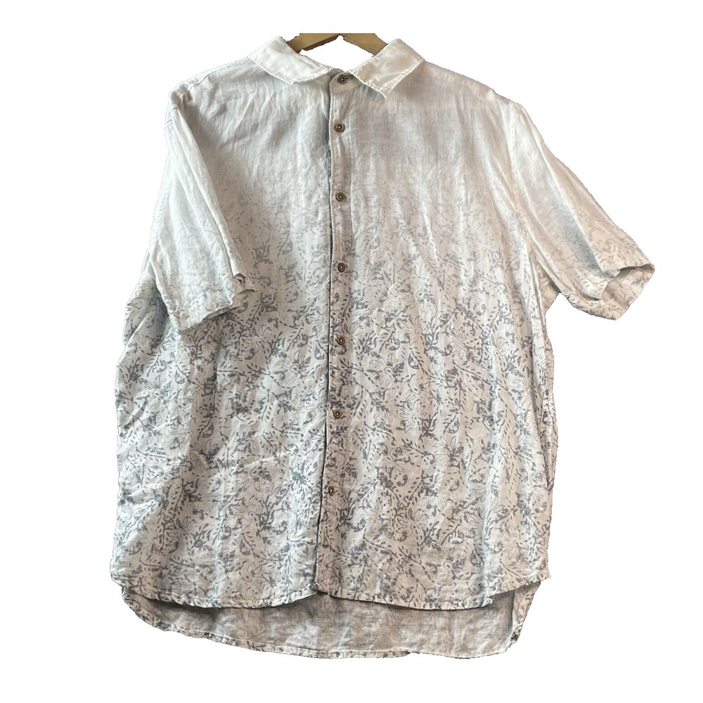 Carbon2Cobalt Mens Large 100% Linen Button Up S/S White Gray Casual Floral